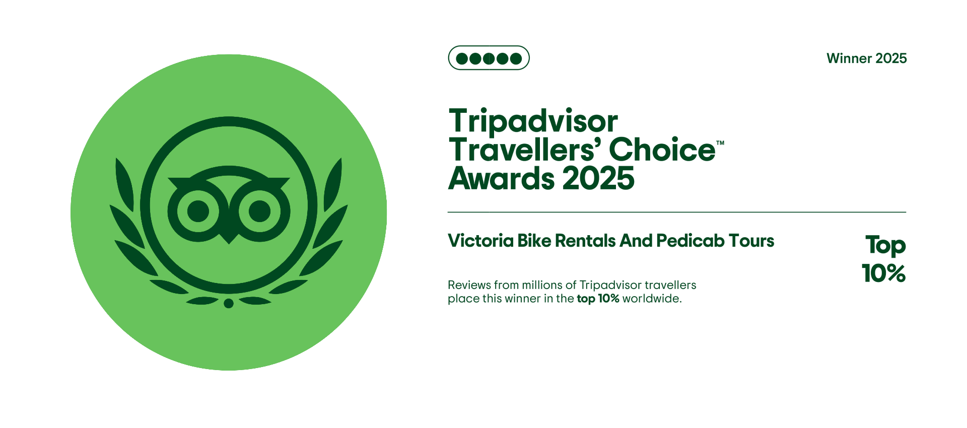 Tripadvisor logo with Travellers' Choice Awards 2025 text for Victoria Bike Rentals And Pedicab Tours, Top 10%.