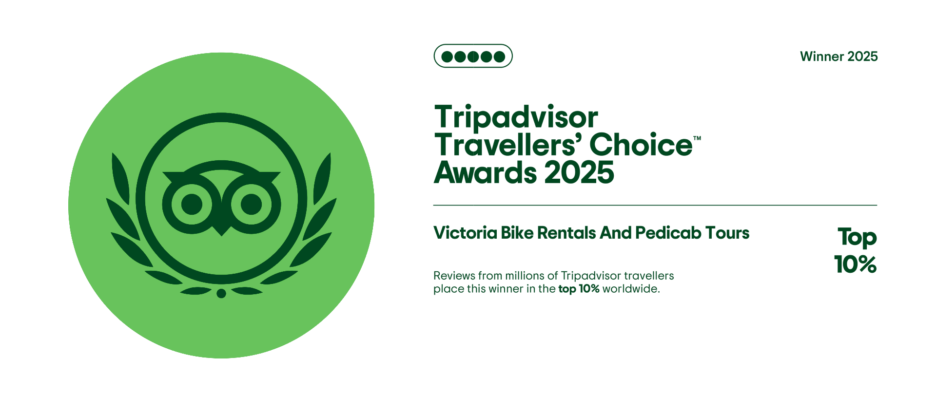 Tripadvisor logo with Travellers' Choice Awards 2025 text for Victoria Bike Rentals And Pedicab Tours, Top 10%.