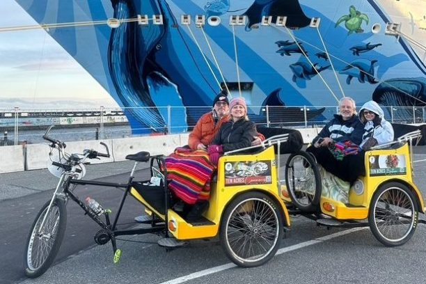 Two pedicabs with passengers in front of a large cruise ship with a marine life mural.